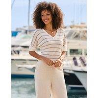 SOSANDAR Linen Blend Striped V-Neck Relaxed T-Shirt Natural Mix