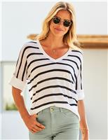 SOSANDAR Linen Blend Striped V-Neck Relaxed T-Shirt Natural Mix