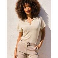 SOSANDAR Metallic Collared Open Neck Knitted Top Gold