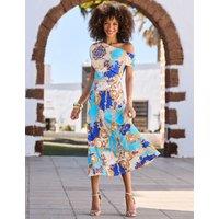 SOSANDAR Printed One Shoulder Midi Dress Blue Mix