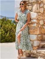 SOSANDAR Floral Square Neck Midi Shirred Dress Green
