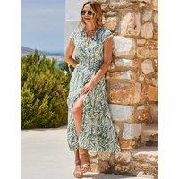 SOSANDAR Floral Square Neck Midi Shirred Dress Green