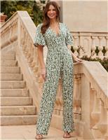SOSANDAR Spot Print Belted Short Sleeve Jumpsuit Green