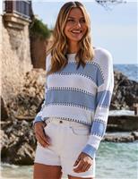 SOSANDAR Striped Slash Neck Jumper with Cotton Blue