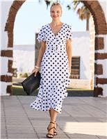 SOSANDAR Polka Dot V-Neck Belted Midi Wrap Dress White Mix