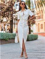 Denim Collared Ruched Midaxi Bodycon Dress