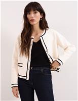 Phase Eight Cotton Rich Crew Neck Tipped Detail Cardigan Ivory
