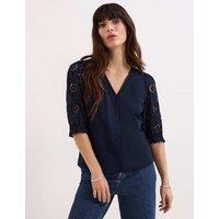 Phase Eight Pure Cotton Broderie V-Neck Top Navy