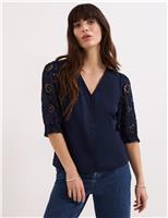 Phase Eight Pure Cotton Broderie V-Neck Top Navy