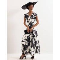 Phase Eight Floral V-Neck Pleated Maxi Skater Dress Black Mix