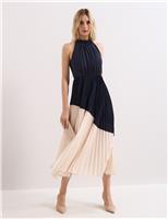 Colour Block High Neck Pleated Midaxi Dress