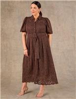 Live Unlimited London Cotton Blend Lace Midi Shirt Dress Brown
