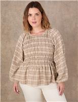 Live Unlimited London Cotton Blend Checked Shirred Blouse Brown Mix