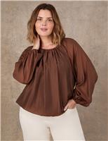 Live Unlimited London Lyocell Rich Blouson Sleeve Popover Blouse Dark Brown