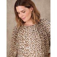 Live Unlimited London Animal Print Blouson Sleeve Popover Blouse Brown Mix