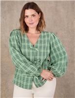 Cotton Rich Checked V-Neck Bow Detail Blouse