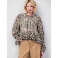 RO&ZO Leopard Print Round Neck Ruffle Hem Blouse Brown Mix