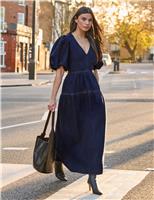 Cotton Rich Denim Puff Sleeve Maxi Dress