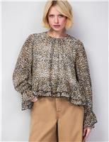 Leopard Print Round Neck Ruffle Hem Blouse