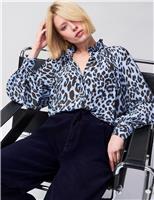 Leopard Print Round Neck Ruffle Hem Blouse