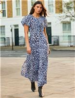 RO&ZO Leopard Print Button Detail Midaxi Tea Dress Light Blue Mix
