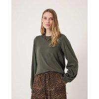 HUSH Pure Cotton Crew Neck Puff Sleeve Top Dark Khaki