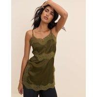 Nobody's Child Satin V-Neck Lace Detail Longline Cami Top Green