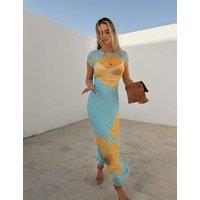 Never Fully Dressed Mesh Poppy Print Midaxi Bodycon Dress Blue Mix