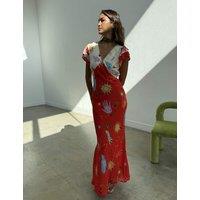 Never Fully Dressed Celestial Print V-Neck Midaxi Column Dress Red Mix