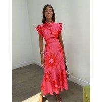 Never Fully Dressed Printed High Neck Midi Skater Dress Pink Mix