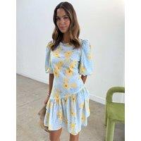 Never Fully Dressed Floral Puff Sleeve Dropped Waist Mini Dress Blue Mix