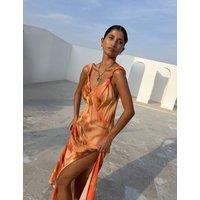 Never Fully Dressed Blurred Floral Print Maxi Slip Dress Orange