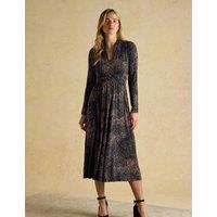 Joules Printed V-Neck Midi Shirred Dress Navy Mix