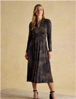 Joules Printed V-Neck Midi Shirred Dress Navy Mix