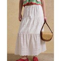 Joules Pure Cotton Broderie Maxi Tiered Skirt White Mix