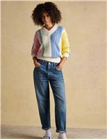 Pure Cotton Striped Cable Knit V-Neck Jumper