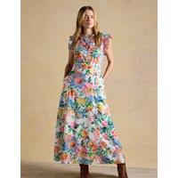 Joules Pure Cotton Floral Frill Sleeve Maxi Dress Multi