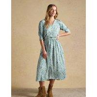 Joules Floral V-Neck Midi Waisted Dress Green Mix