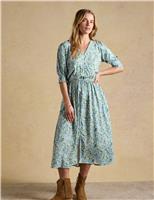 Joules Floral V-Neck Midi Waisted Dress Green Mix