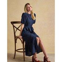 Joules Pure Cotton Broderie Belted Midi Tiered Dress Navy Mix