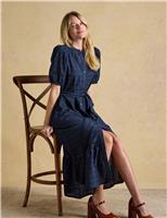 Pure Cotton Broderie Belted Midi Tiered Dress