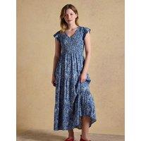 Joules Floral V-Neck Midaxi Shirred Dress Blue Mix
