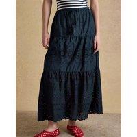 Joules Pure Cotton Broderie Maxi Tiered Skirt Navy Mix