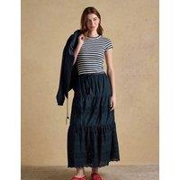Joules Pure Cotton Broderie Maxi Tiered Skirt Navy Mix
