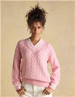 Joules Pure Cotton Cable Knit V-Neck Jumper Green Mix