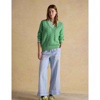 Joules Pure Cotton Cable Knit V-Neck Jumper Green Mix
