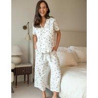 Pour Moi Woven Double Cloth Revere Collar Shirt & Cropped Trouser Pyjama Set White Mix