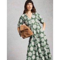 White Stuff Cotton Blend V-Neck Midi Tea Dress Green Mix