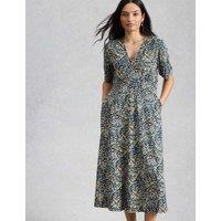 White Stuff Cotton Blend V-Neck Midi Tea Dress Navy Mix