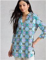 White Stuff Pure Linen Printed Collared Tunic Blue
